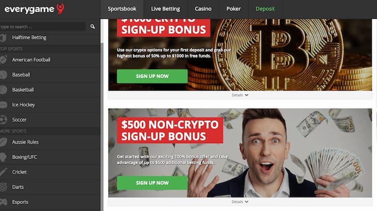 Featured promos on Everygame, a top online sports betting option in California.